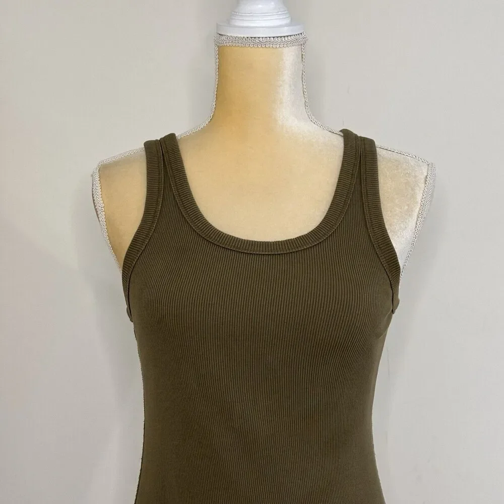Everlane The Ribbed Tank Midi Dress Size XS Olive Green Organic Cotton Knit - Picture 5 of 13